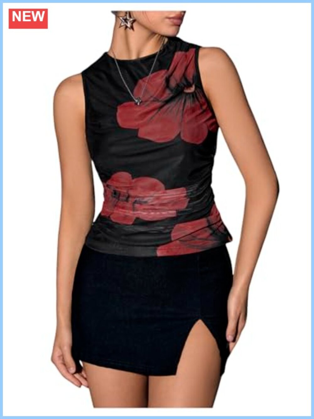 Floral Mesh Tank Top Y2K Ruched Going Out Slim Fit Sleeveless Women's